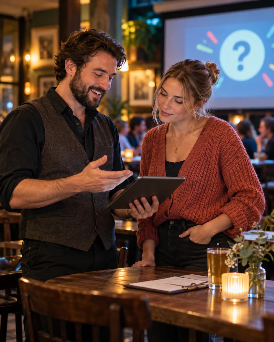 A quiz host and venue organiser reviewing event details together