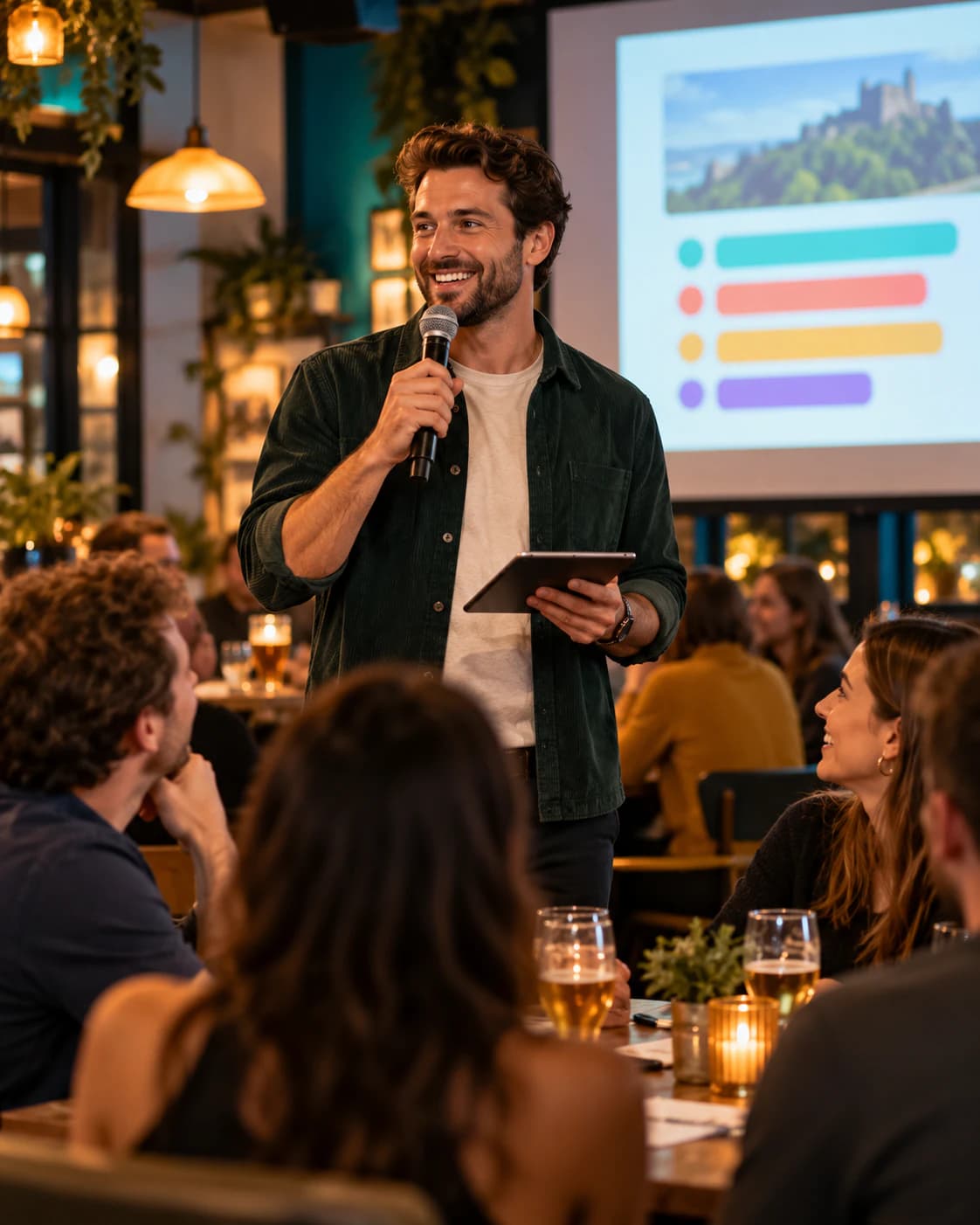 Quiz host presenting questions to players gathered around tables